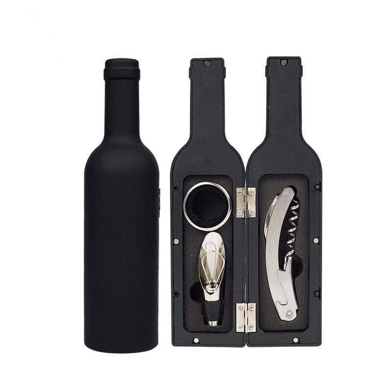 Coffret Accessoire Vin en forme de Bouteille de Vin Noire : Tire Bouchon,  Bec verseur et Bague anti gouttes en Acier Inoxydable - La cave Cdiscount